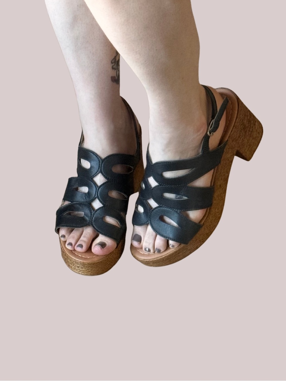 Bella Vita Black Cutout Slingback Wedge Sandals with Brown Wood-Look Heel